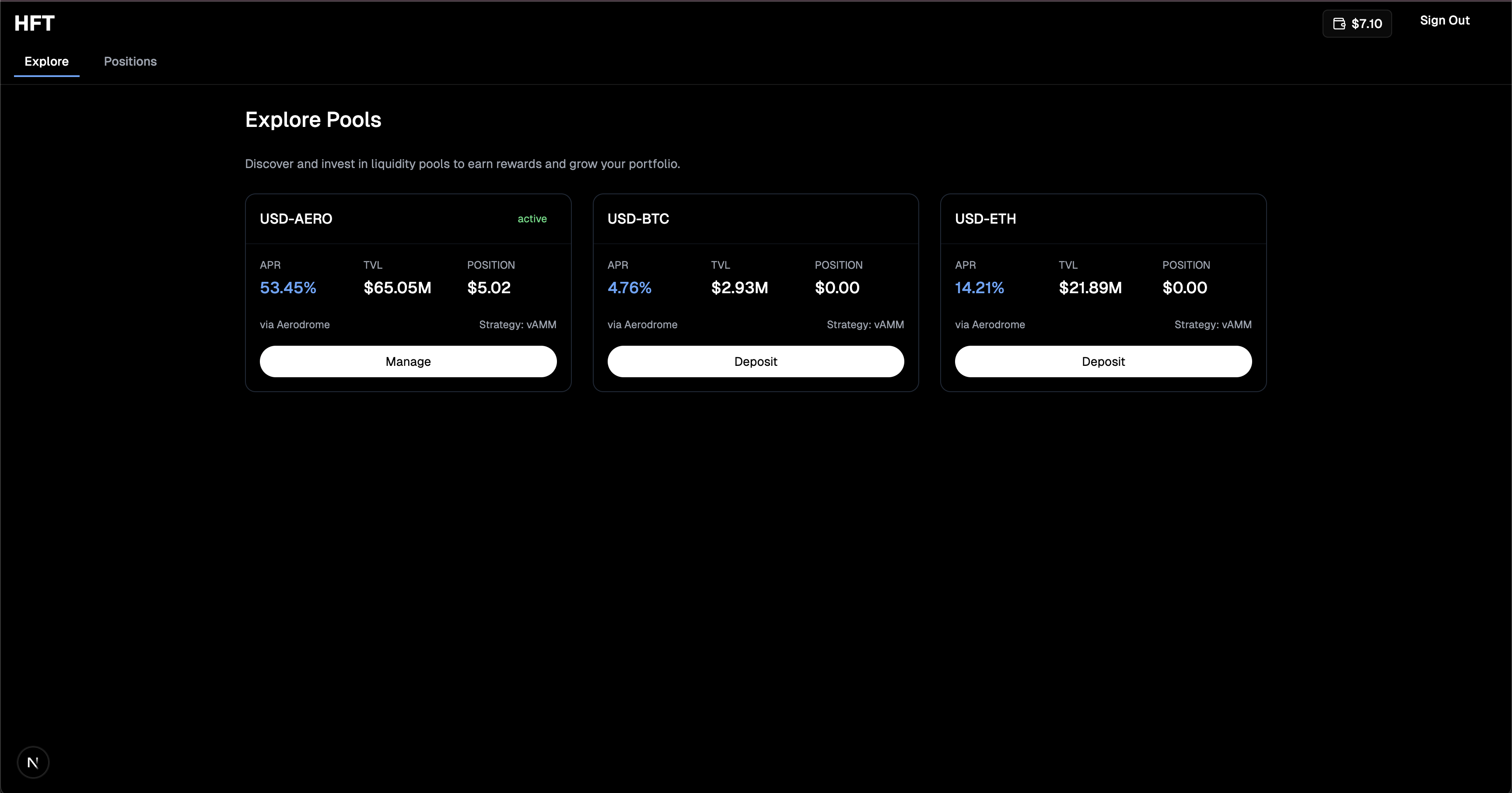 HFT Labs Explore Pools Interface